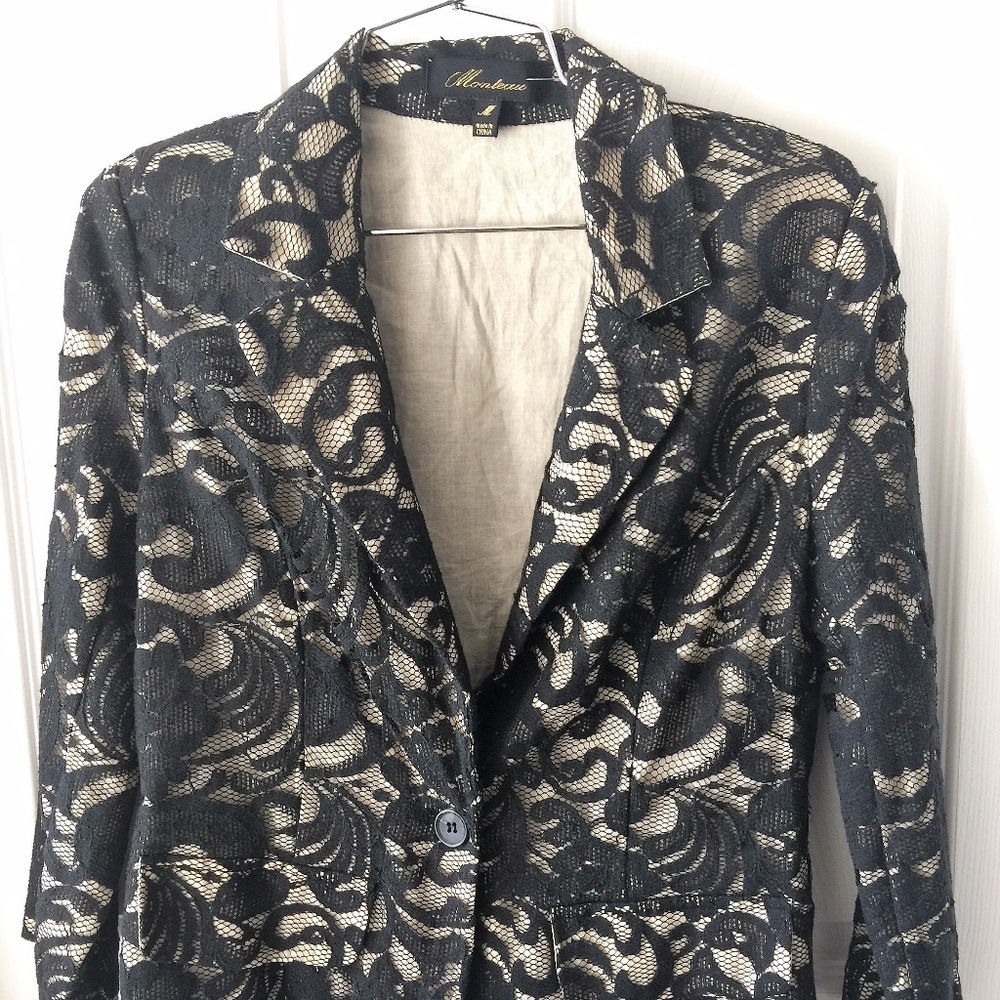 Monteau Black and Cream Lace Blazer Medium M NWOT